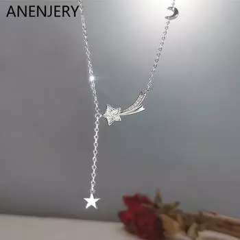 ANENJERY Цирконий кулон с луной и звездой, длинное ожерелье с кисточками для женщин, нежный воротник-цепочка, вечерние ювелирные аксессуары серебряный