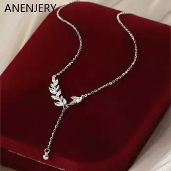ANENJERY Цирконий пшеничный шип с кисточкой в форме листа, ожерелье для женщин, уникальный простой дизайн, цепочка на воротник, подарочные ювелирные аксессуары серебряный