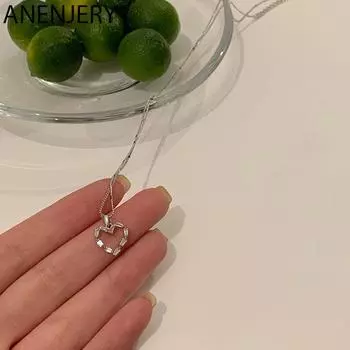 ANENJERY Цирконовое блестящее ожерелье с подвеской в форме сердца для женщин и девочек, простая классическая цепочка на ключицу серебряный