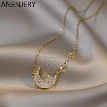ANENJERY Цирконовое ожерелье с луной и звездой, женское милое изысканное романтическое ювелирное изделие
