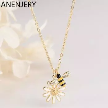 ANENJERY цирконовое ожерелье с подвеской в виде пчелы и ромашки для женщин, милая цепочка на ключицу, корейские аксессуары