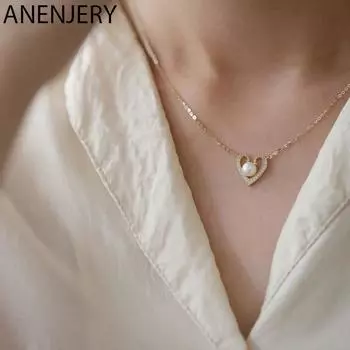 ANENJERY цирконовое жемчужное ожерелье с подвеской в виде сердца, женское классическое ожерелье-цепочка, оптовая продажа