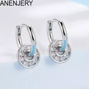 ANENJERY цирконовые круглые серьги-кольца с подвеской для женщин, милые романтические геометрические индивидуальные съемные украшения для ушей, подарок серебряный