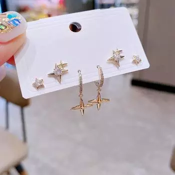 ANENJERY цирконовые серьги-кольца со сияющей звездой и крестом для женщин, простые темпераментные серьги-гвоздики, набор серег из 6 предметов