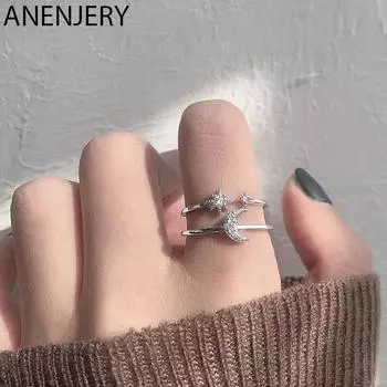ANENJERY цветное милое и романтичное двухслойное кольцо со звездой и луной на палец для женщин свадебное серебряное кольцо ювелирное изделие Resizable