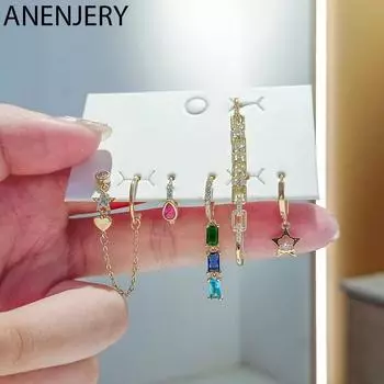 ANENJERY цветной циркон, кулон, серьги-кольца со звездами для женщин, цепочка-клипса в форме сердца, набор серег из 6 предметов