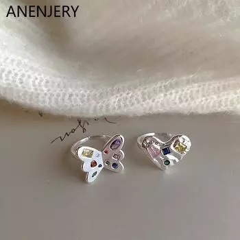 ANENJERY цветные циркониевые кольца в виде бабочки и сердца для женщин, роскошный нишевый дизайн, вечерние ювелирные изделия, подарки