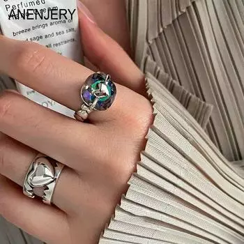 ANENJERY цветные двухслойные полые кольца с цирконом в форме сердца для женщин, модное индивидуальное открытое кольцо, вечерние украшения Resizable