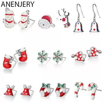 ANENJERY цветные серьги-гвоздики с рождественской елкой, снежинкой, колокольчиком, снеговиком и оленем, серьги-гвоздики для женщин, вечерние украшения, рождественские подарки