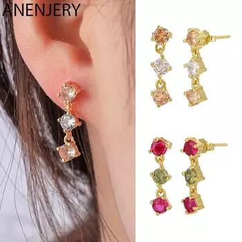 ANENJERY цветные серьги-капли с кубическим цирконием для женщин, золотые, серебряные серьги Pendientes, свадебные украшения, оптовая продажа