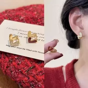 Anenjery Double-sided Wearable Red Geometric Zircon Heart Earrings For Women Temperament Luxury Compact Sweet Fashionable Earrings Jewelry Gifts красный