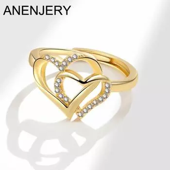 ANENJERY двойное кольцо с сердечком из блестящего циркона для женщин, романтическое милое кольцо, свадебные украшения, аксессуары для вечеринок