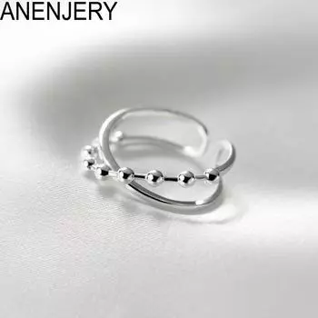 ANENJERY двойное открытое кольцо с крестообразными бусинами для женщин, простое нежное кольцо серебряного цвета, аксессуары anillos Bague серебряный
