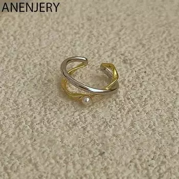 ANENJERY двухцветное открытое кольцо с жемчугом и крестом для женщин, простые крутые аксессуары Resizable