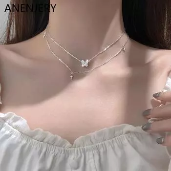 ANENJERY двухслойное блестящее ожерелье-бабочка для женщин, модное ожерелье с крестом, цепочка на ключицы, ювелирное изделие, подарок, оптовая продажа серебряный