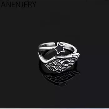 ANENJERY двухслойное открытое кольцо с крыльями ангела и черной звездой, модные серебряные украшения для женщин и мужчин, модные подарки, S-R285 Resizable