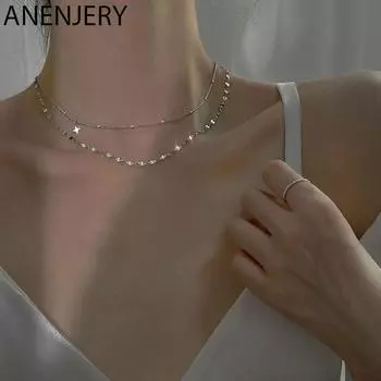 ANENJERY двухслойное ожерелье со звездами и крестом, женская блестящая цепочка на ключицу, оптовая продажа серебряный