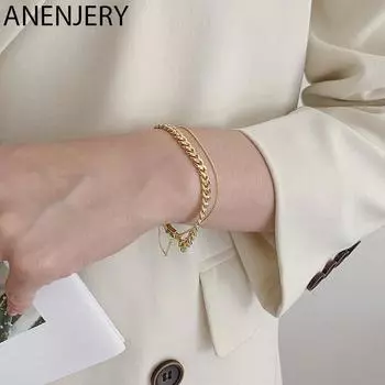 ANENJERY двухслойный браслет-цепочка с замком женский геометрический золотой браслет французские украшения серебряный