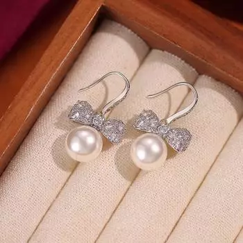 Anenjery Geometric Zircon Bowknot Simulated-pearl Pendant Earrings Women s Light Luxury High End Temperament Niche Fashion Earrings Jewelry Gift белый