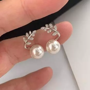 Anenjery Geometric Zircon Leaf Simulated-pearl Earrings For Women Versatile Fashion Exquisite Niche Earrings Jewelry Gifts белый