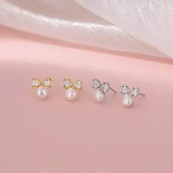 Anenjery Geometric Zircon Simulated-pearl Bow Earrings Female Light Luxury Sweet Simple Versatile Exquisite High End Earrings Jewelry Gift белый
