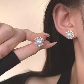 ANENJERY Геометрические круглые серьги из искусственного жемчуга с цирконием для женщин, модные, высококачественные, универсальные, изысканные, подарочные украшения для ушей белый