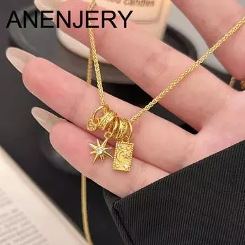 ANENJERY Геометрическое ожерелье с подвеской в виде звезды, луны, квадрата и круглого сердца из циркона для женщин, винтажное французское изящное ювелирное изделие оптом золотой