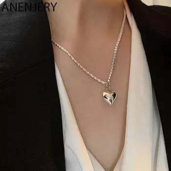 ANENJERY геометрическое сердце любовь циркон цепочка ожерелье женские вечерние украшения серебряный