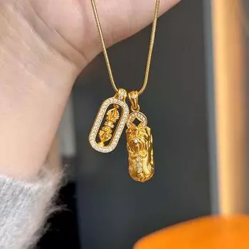 Anenjery Gold Geometric Zircon Beast Pixiu Pendant Necklace for Women Niche Trend Unique Light Luxury Exquisite Sweater Chain Jewelry Gift золотой