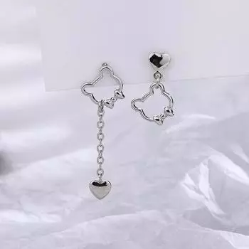 Anenjery Hollow Little Bear Heart Tassel Asymmetrical Earrings For Women Unique Simple Sweet Earrings Jewelry Gift белый
