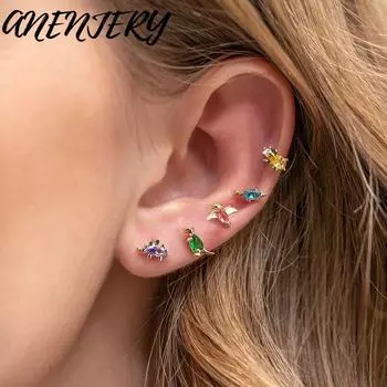 ANENJERY INS стили красочные циркониевые маленькие серьги-гвоздики с изображением динозавра для женщин и девочек модные ювелирные изделия S-E1990-silver