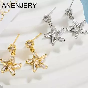 ANENJERY изысканные серьги-гвоздики с цирконием и пятиконечной звездой для девочек и женщин, элегантные компактные серьги, вечерние ювелирные изделия, подарки