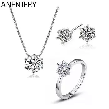 Anenjery классические ослепительные 6 когтей циркониевое ожерелье + серьги + кольца комплекты ювелирных изделий для женщин свадебные украшения серебряный