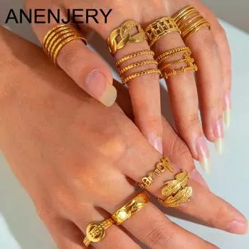 ANENJERY Кольцо из нержавеющей стали 316L с многослойными листьями и буквами для женщин, универсальное, оптовая продажа ювелирных изделий для вечеринок