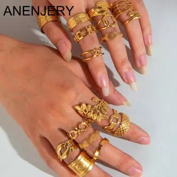 ANENJERY Кольцо из нержавеющей стали 316L с изображением листа глаза и змеи, широкое, нерегулярной текстуры, геометрическое, складное, открытое, для женщин, ювелирные изделия для вечеринок