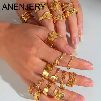 ANENJERY Кольцо из нержавеющей стали 316L с цветком, сердцем, листом, волной, деревом, крестом, массивное, для женщин, регулируемое, ювелирное изделие