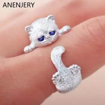 ANENJERY кольцо с котом для женщин, кольцо с милым котом в японском стиле, простота, модные ювелирные изделия, подарки, кольца с синими стразами и глазами серебряный