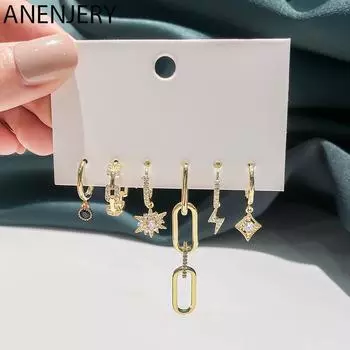 ANENJERY комплект серег из 6 предметов, женские серьги-кольца с микро цирконием и геометрическими звездами, овальные серьги-кольца, вечерние ювелирные изделия золотой