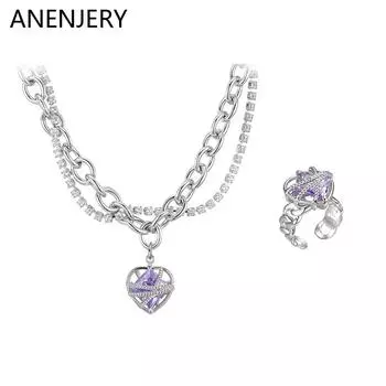ANENJERY комплект ювелирных украшений для женщин, свадебное сердце, ожерелья с австрийскими кристаллами, комплект колец, оптовая продажа на День Святого Валентина