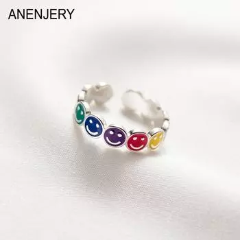 ANENJERY Красочное кольцо со смайликом и открытым пальцем для женщин, простой милый дизайн, серебряный цвет, регулируемый Resizable