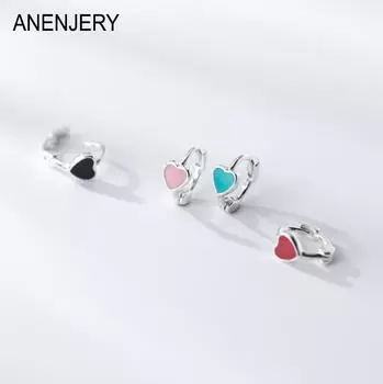 ANENJERY Красочные серьги-кольца с каплями глазури в форме сердца для женщин и девочек Простые милые нежные серебристые серьги-кольца Маленькие хаггисы
