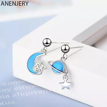 ANENJERY креативные серьги серебряного цвета синего цвета с планетой, звездой и луной, асимметрия, серьги для женщин и девочек, подарок, оптовая продажа 1 pair серебряный