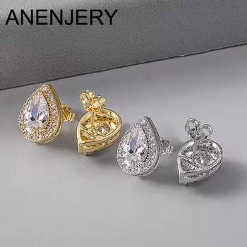 ANENJERY круглые квадратные серьги-гвоздики в форме капли воды для женщин блестящие роскошные серьги-гвоздики из циркония оптом