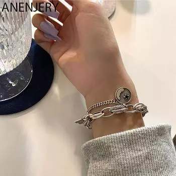 ANENJERY круглый квадратный браслет с биркой для женщин и мужчин, смешанные стили, тайский серебряный браслет, подарки