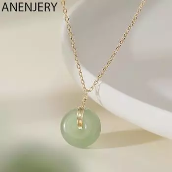 ANENJERY круглый зеленый камень кулон ожерелье для женщин золотое колье ожерелье модные украшения