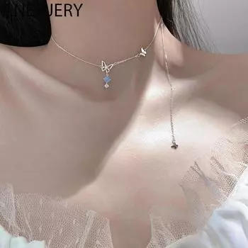 ANENJERY кулон с полой бабочкой, ожерелье для женщин, серебряный, синий камень, колье, ожерелья, свадебные украшения, S-N718 серебряный