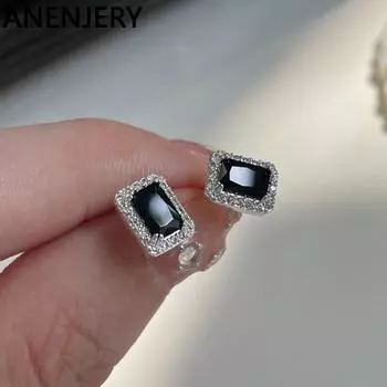 ANENJERY квадратные серьги-гвоздики с черным цирконием для женщин, маленькие изысканные уникальные блестящие повседневные украшения золотой