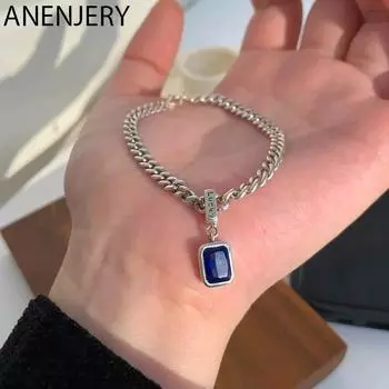 ANENJERY квадратный браслет с синим цирконием, винтажный браслет с подвеской на удачу для женщин и мужчин, ювелирные изделия, подарки