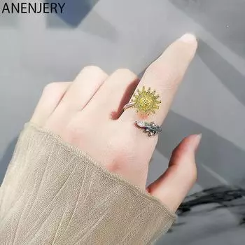ANENJERY летнее вращающееся кольцо с подсолнухом женское позолоченное кольцо с цветком и цирконием женское для женщин ювелирные изделия Resizable