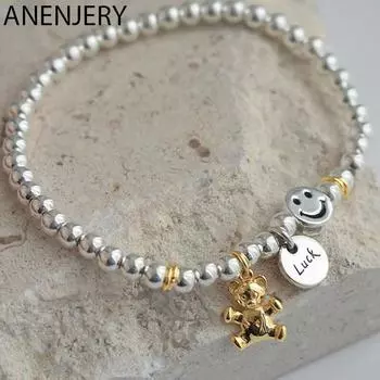 ANENJERY Lucky Card Bear Подвеска из бисера Эластичный браслет-цепочка для девочек Простые милые украшения серебряный